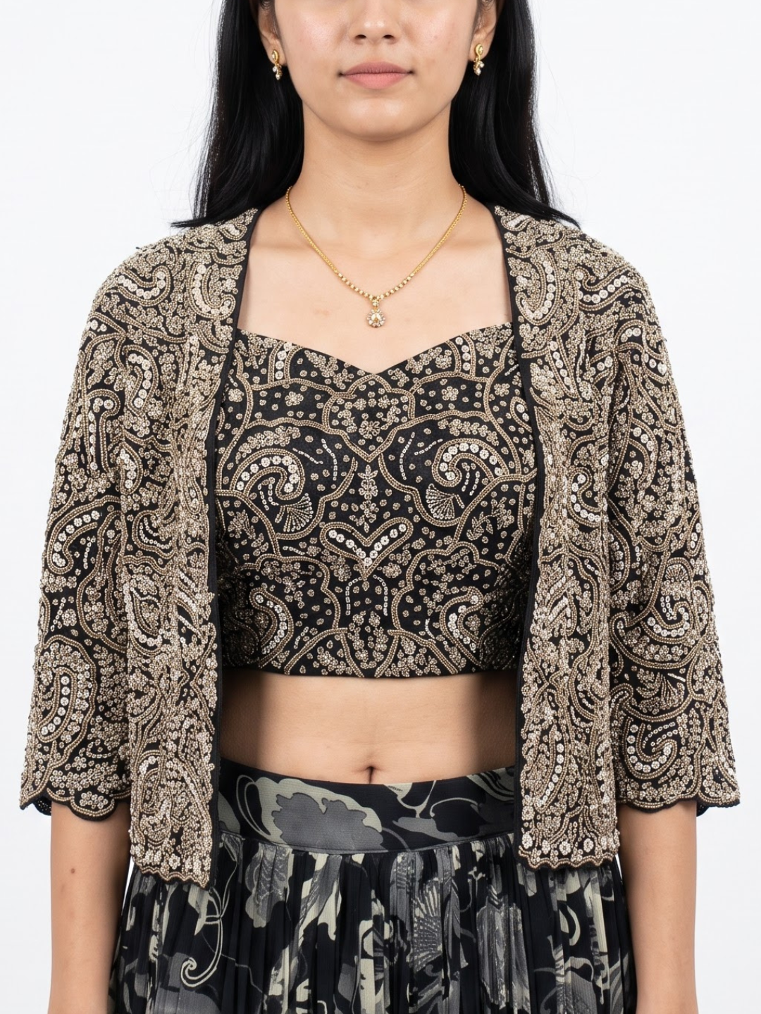 Black Georgette Indo Western with Cutdana, Pearl and Dabka Embroidery 3
